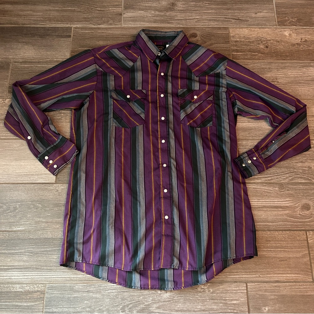 VTG Saddle King Western Striped Long Sleeve Pearl Snap Button Down,‎ 17.5/36.5